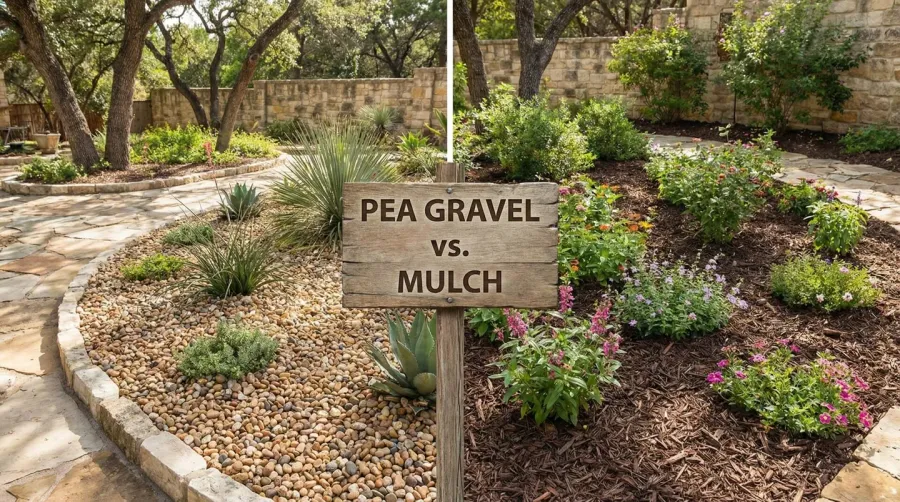 Comparison of pea gravel and mulch in garden beds