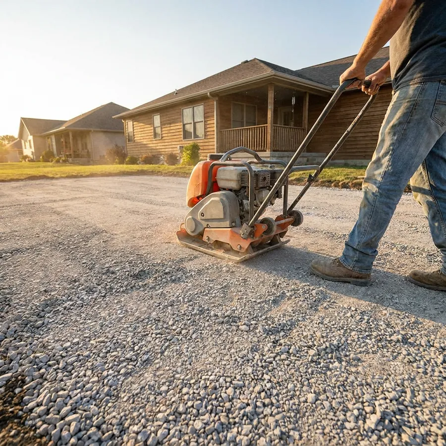 A person operating a plate compactor over a crushed gravel base layer in an outdoor patio construction site.