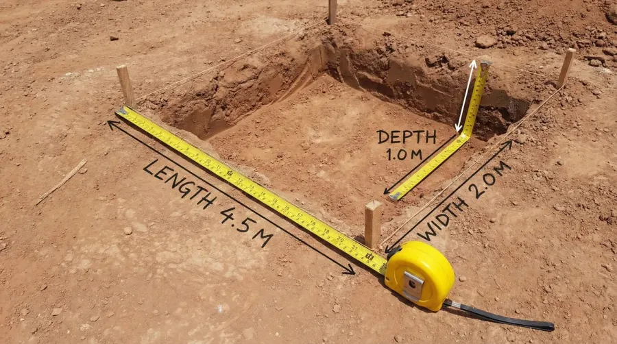 Measuring tape on ground showing length, width, and depth measurements for excavation area