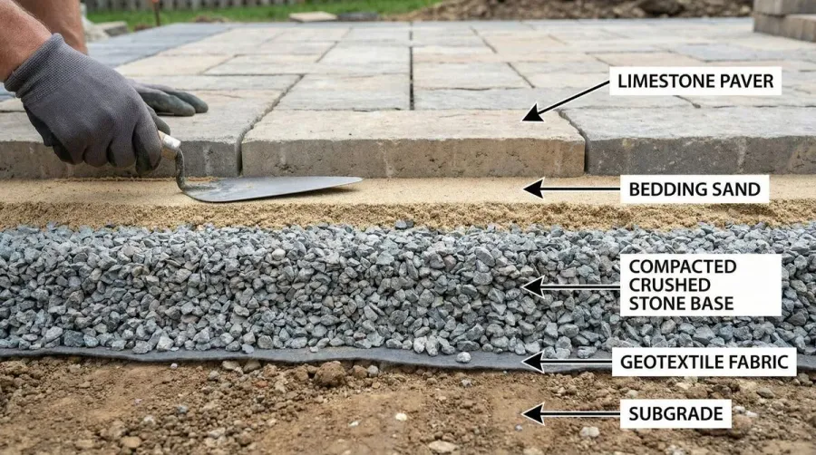 Limestone Paver Base Installation Showing Different Layers