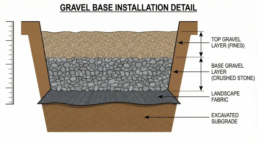 Cross-section view of gravel base installation showing excavated area, landscape fabric, and gravel layers