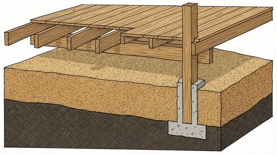 Cross-section diagram of deck foundation showing layers of decomposed granite material