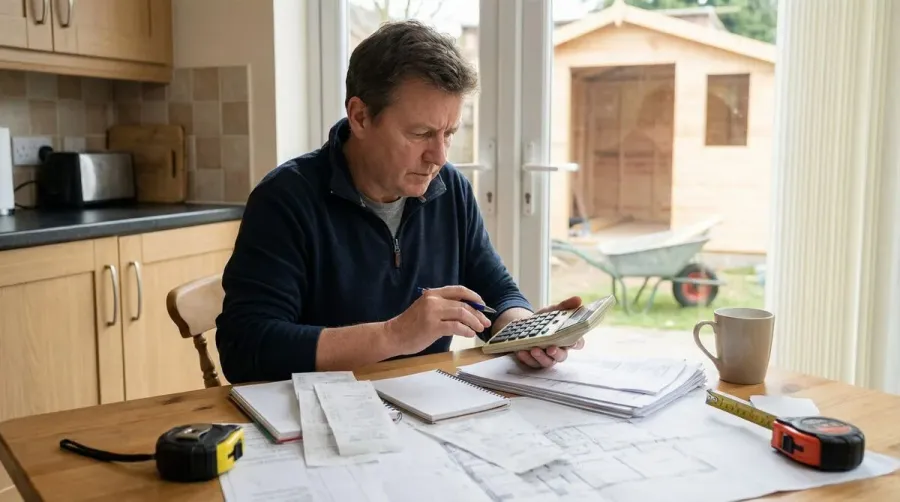 Homeowner calculating sand delivery costs with calculator