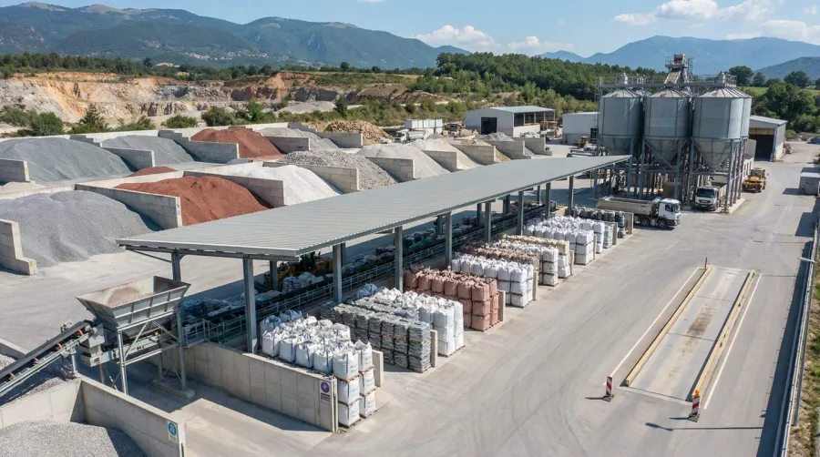 organized gravel storage facility showing different storage methods from bags to bulk piles