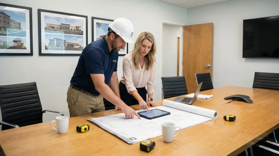 Construction contractor meeting with homeowner reviewing blueprints