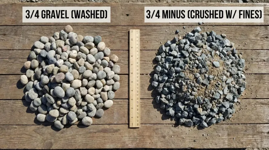 Side-by-side comparison of 3/4 gravel and 3/4 minus materials showing texture and size differences