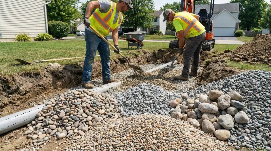 drain rock installation showing different sizes and types for drainage project