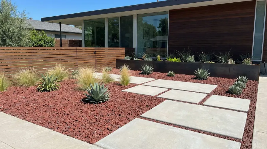 Crushed lava rock landscaping in modern front yard design