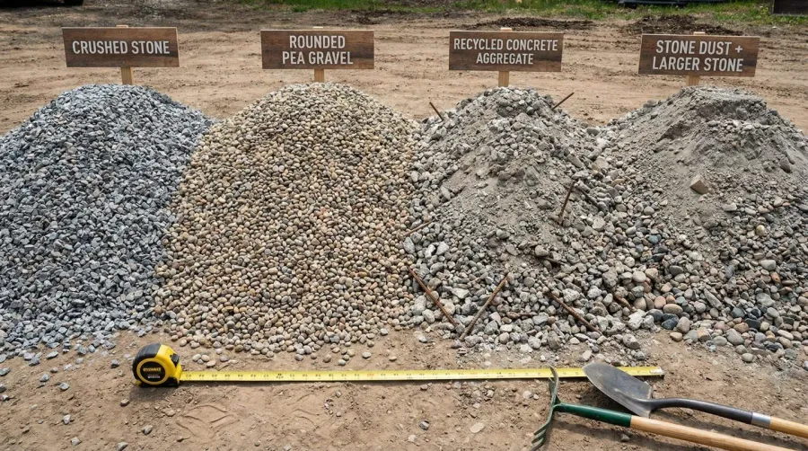 Various stone materials laid out for driveway base comparison