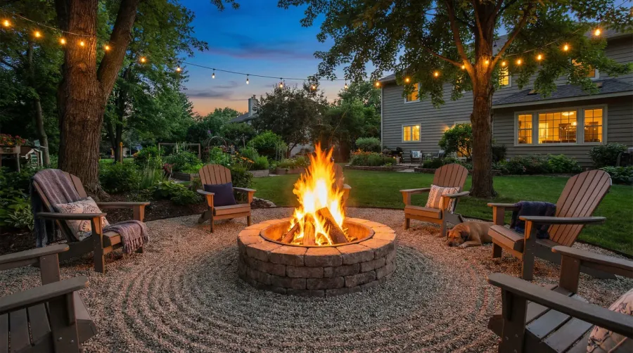 Well maintained gravel fire pit area in the evening