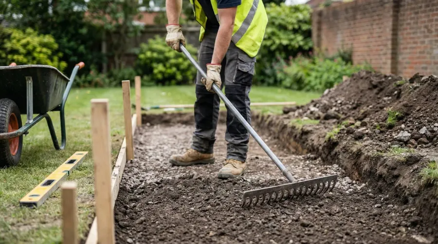 Ground preparation and leveling for patio installation