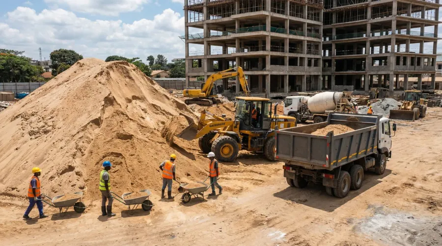 Construction sand pile at building site with workers and equipment