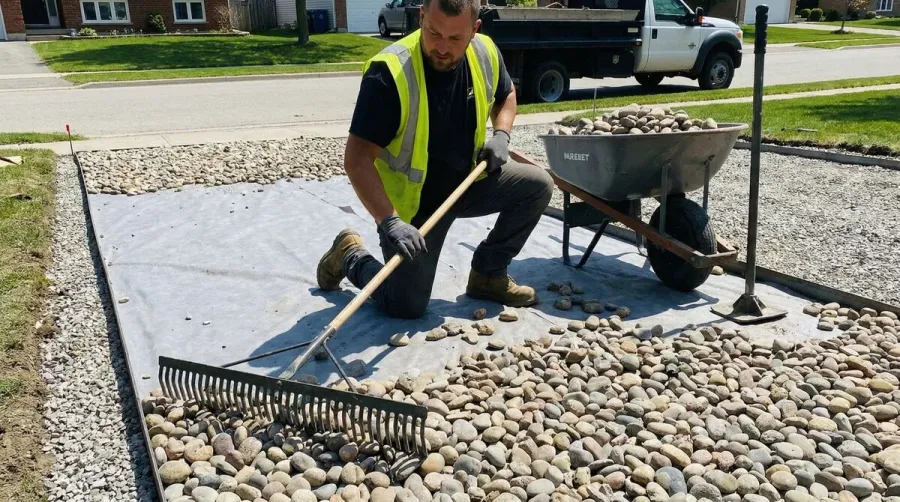 Worker installing river rock driveway with proper tools and technique