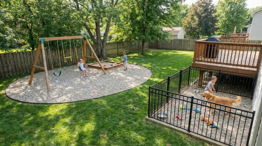 Family backyard with gravel play area and pet zone
