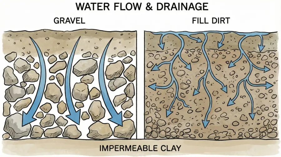 Cross-section diagram showing water flow through gravel versus fill dirt