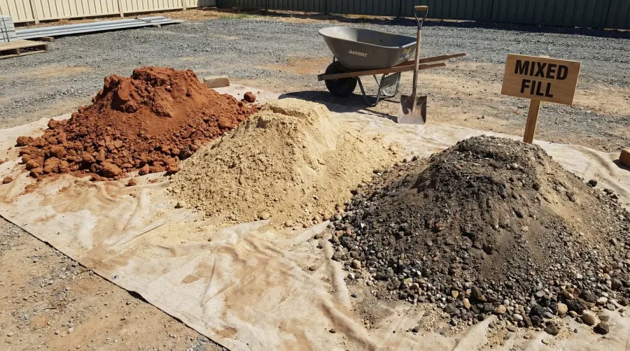 Different types of fill dirt showing clay, sandy, and mixed compositions