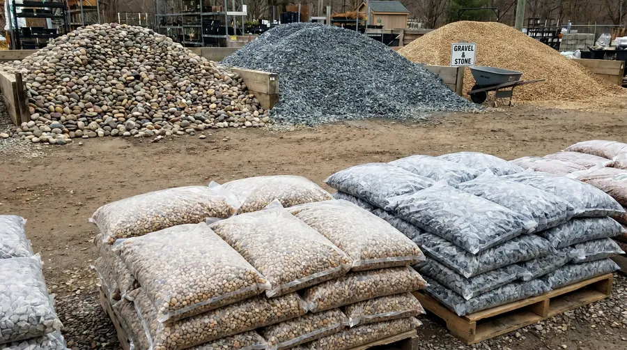 Different types of gravel in bags and bulk piles