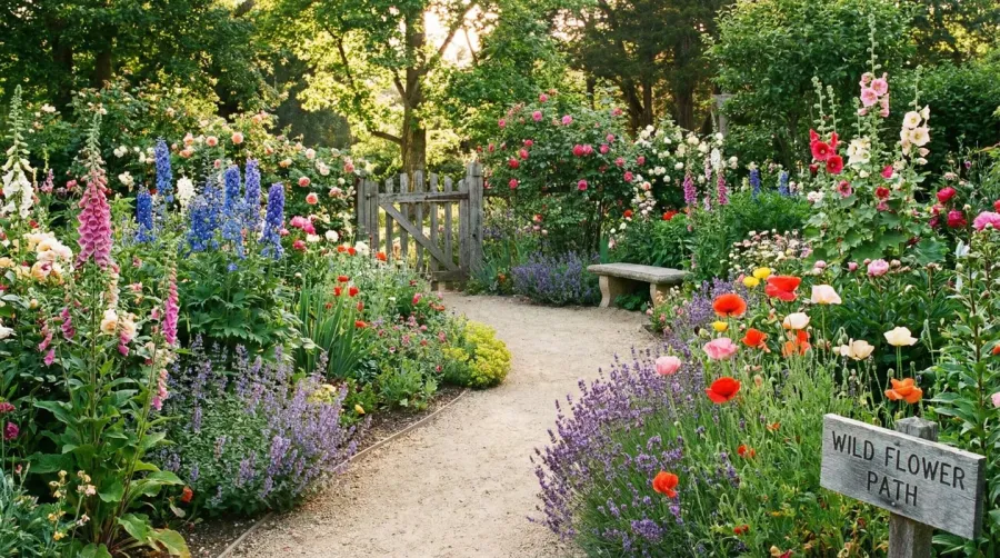 Sand garden path winding through colorful flower borders
