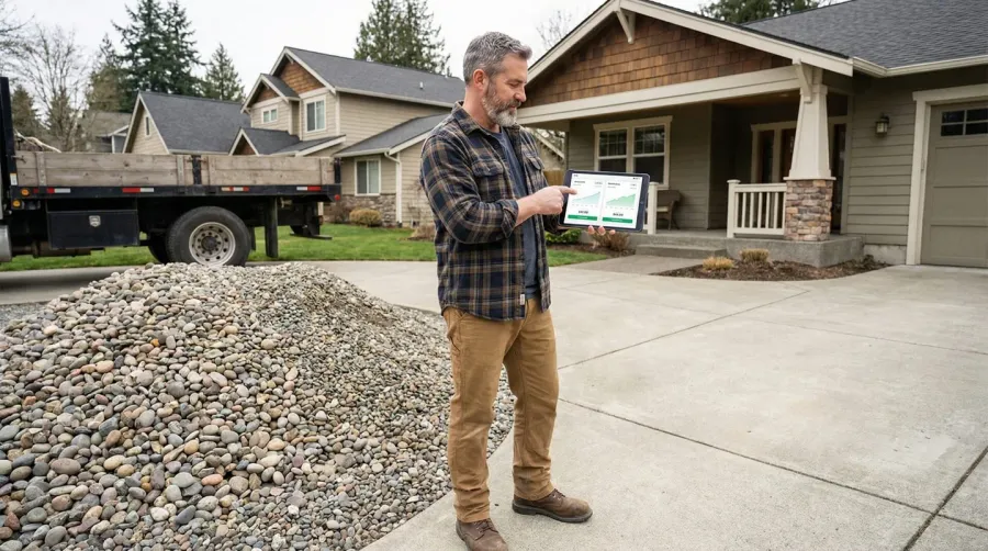 homeowner comparing quotes on tablet while standing next to delivered rock pile