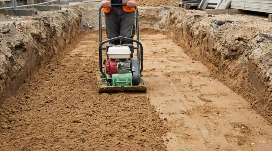 Step-by-step illustration showing proper layered compaction technique with equipment