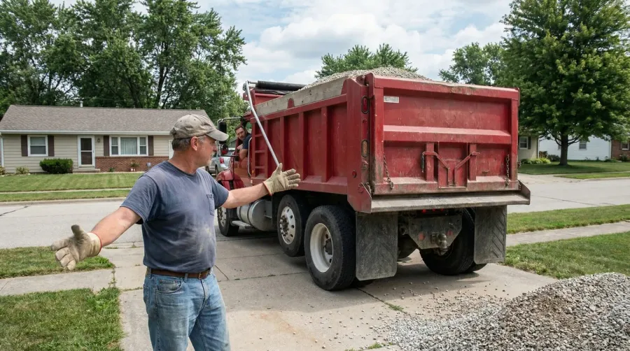 homeowner directing gravel delivery truck placement in driveway