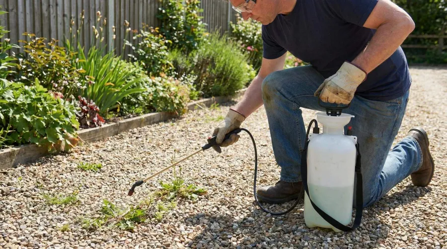 Person applying weed killer to gravel driveway with sprayer