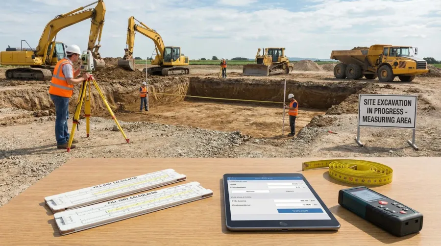 Fill dirt calculator tools, measuring tape, and construction site equipment