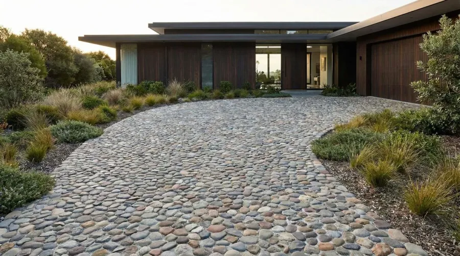 Beautiful pebble driveway leading to modern home entrance