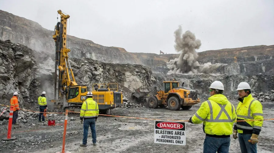 Quarry drilling and blasting operation with safety equipment