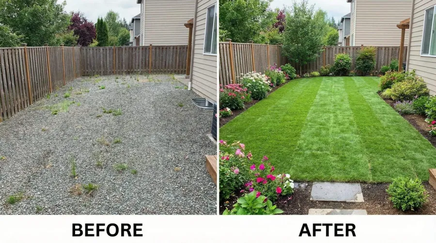 Yard transformation before and after gravel removal