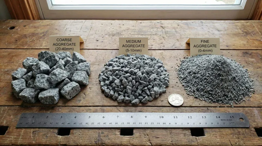 Different sizes of crushed stone aggregates displayed side by side for concrete slab comparison