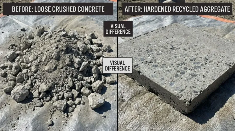 Before and after crushed concrete hardening comparison