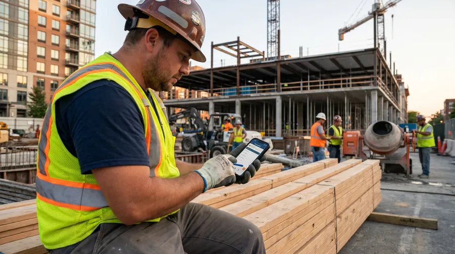 construction crew member using mobile app to log time and update project status while on jobsite