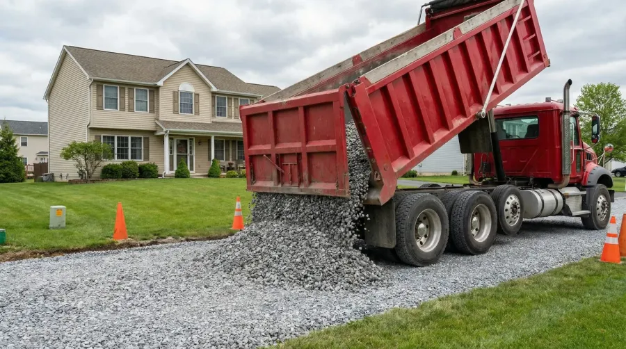Gravel delivery truck unloading at residential property