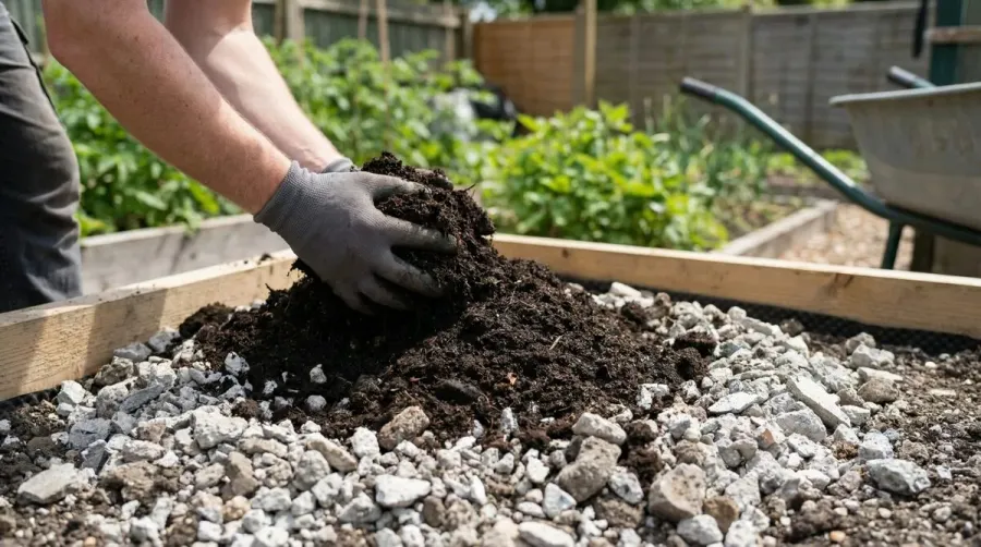 Gardener adding organic compost to crushed concrete base