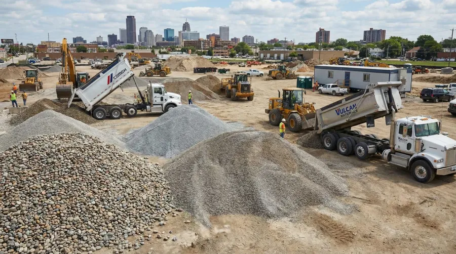 Construction site with different types of gravel piles and delivery trucks