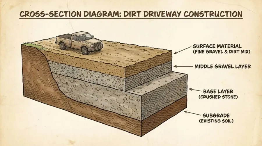 Cross-section diagram showing dirt driveway layers