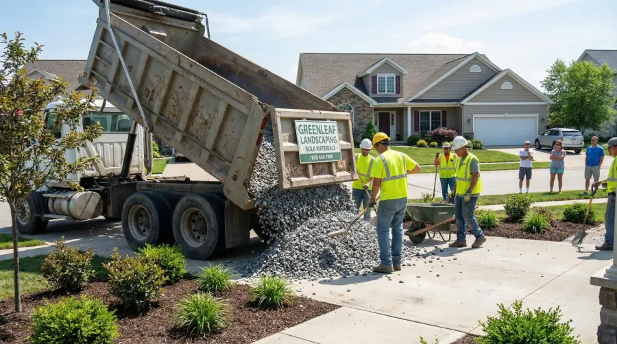 Bulk gravel delivery truck unloading stones on residential driveway