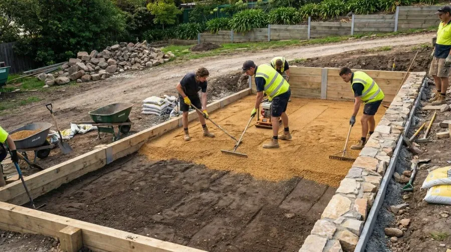 Decomposed granite retaining wall base installation process