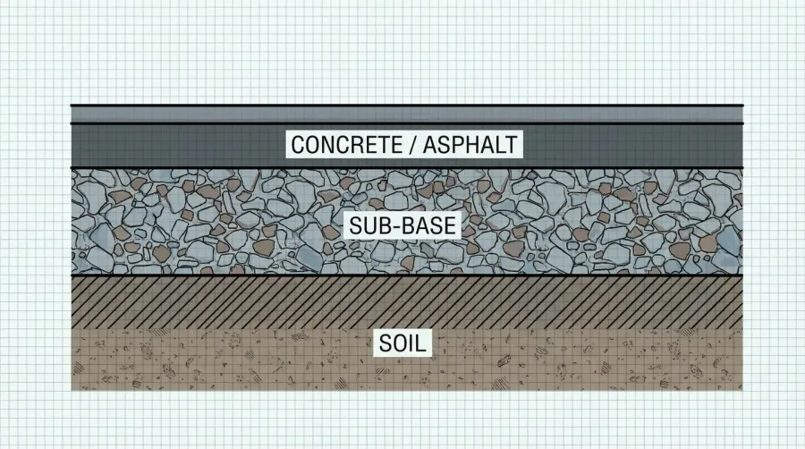 Cross-section diagram showing soil, crushed stone sub-base, and concrete/asphalt layers