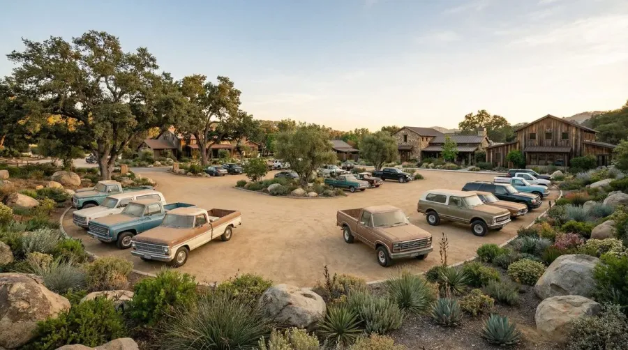 Decomposed granite parking area overview showing natural surface and vehicles