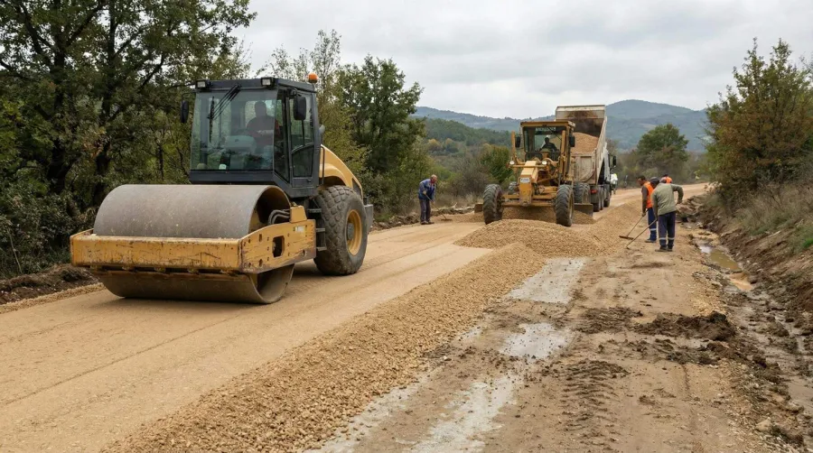 Installation process showing compacted road bond gravel surface