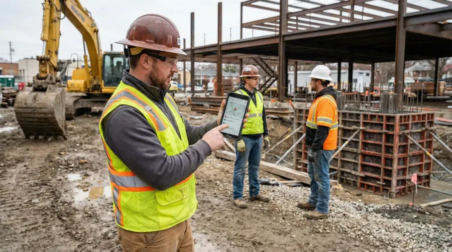 Contractor using smartphone app to coordinate with team on jobsite