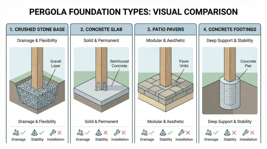 Pergola Foundation Options Comparison Diagram