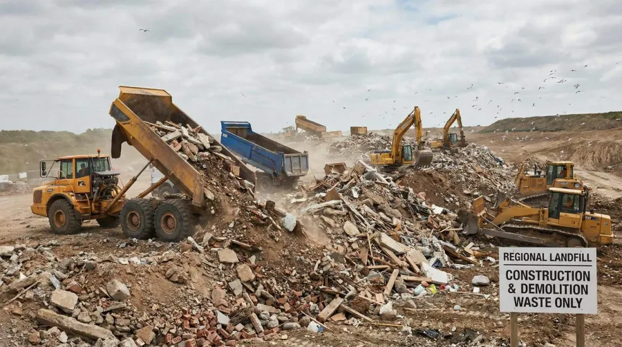 Commercial landfill with construction debris being unloaded from trucks