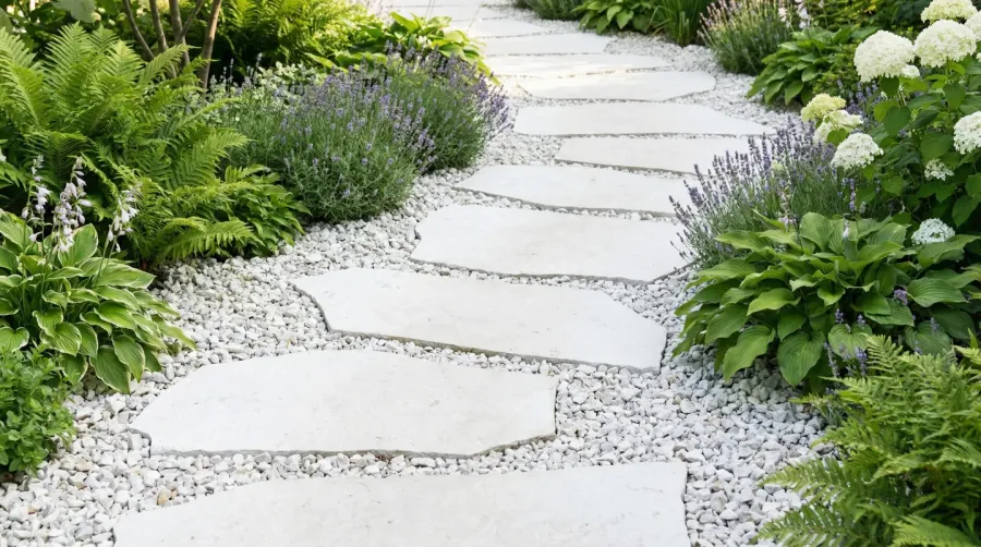 White rock gravel landscaping with garden pathway