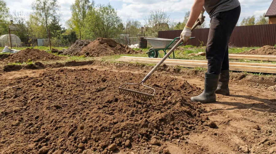 Excavated soil area being leveled with rake