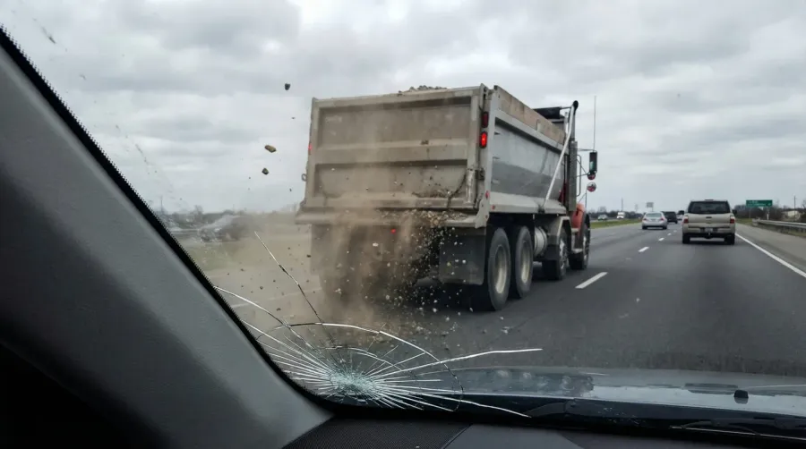gravel truck on highway with debris flying from back, windshield crack visible in foreground
