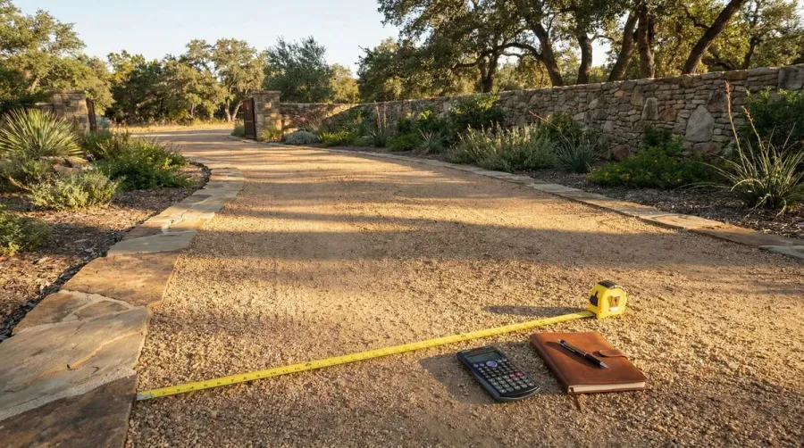 Decomposed granite driveway with measuring tape and calculator