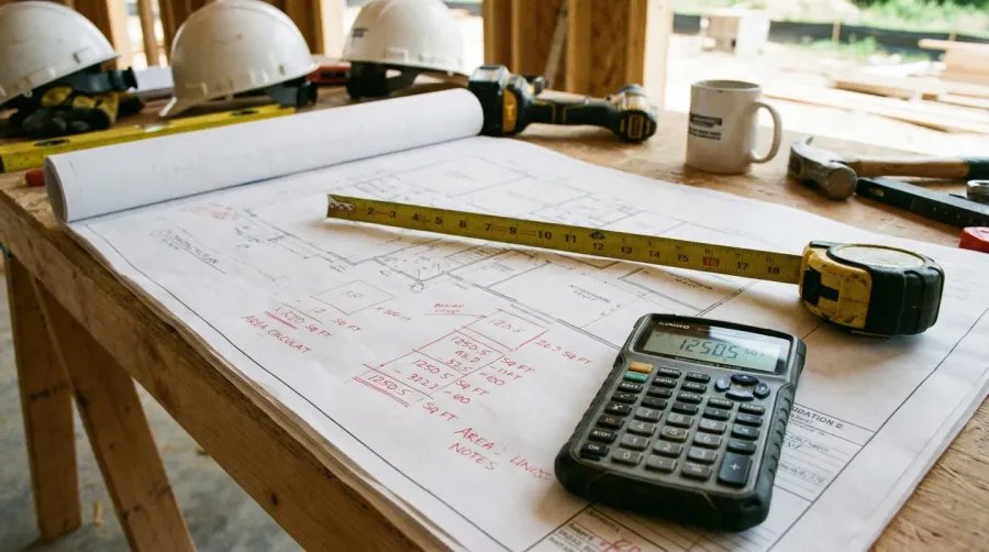 Measuring tape and calculator on construction plans showing area calculation